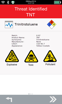 Screen shot men z Raman spektrometru Progeny ResQ s identifikaci TNT