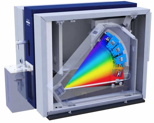 Ukázka rozložení spektra v jedné z optik spektrometru Q4 TASMAN